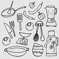 set of kitchenware with foodstuff isolated on grey background. cooking preparation, cooking utensils illustration. hand drawn vector. doodle art for wallpaper, poster, card, logo, sticker, clipart. 