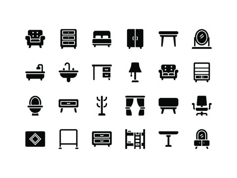 Furniture and Household Items Glyph Icon Set