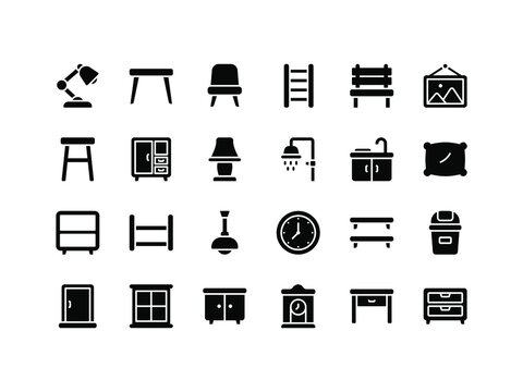Furniture and Household Items Glyph Icon Set