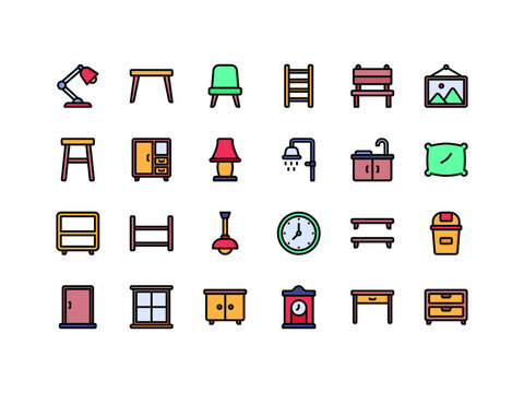 Furniture and Household Items Lineal Color Icon Set