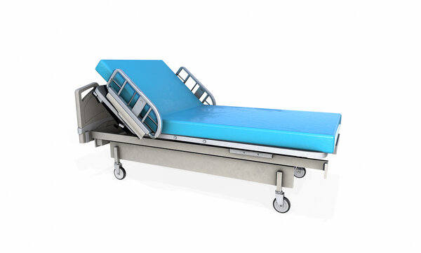 Concept hospital bed with electronic control from the console with dropper and table 3d render on white background with shadow