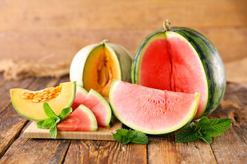 juicy fresh watermelon and melon fruit - obrazy, fototapety, plakaty