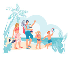 Cheerful family with children on tropical beach, flat vector illustration isolated on white background. Family summer vacation at sea decorative composition with characters among palms.