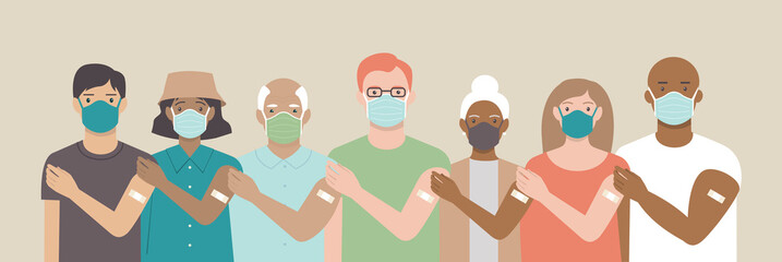 Team vaccinated. Ethnically diverse and mixed age group of people showing their shoulders with band-aids on after getting a vaccine. Vaccination campaign concept.  - obrazy, fototapety, plakaty