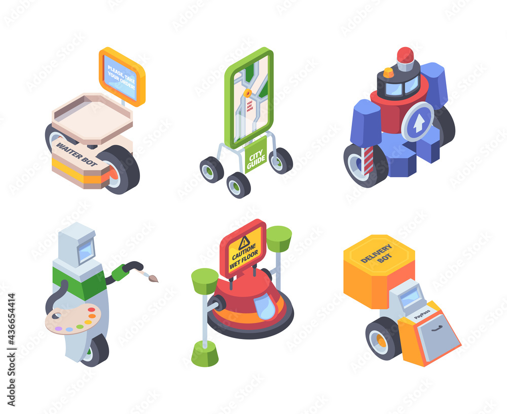 Poster robot profession. androids workers doctors artists postman smart helpers for people support applicat