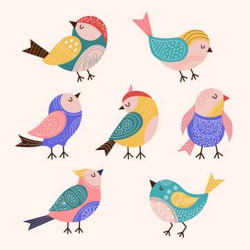 Decorated birds. Trendy stylized colored flying birds with folk and botanical graphics authentic decor recent vector flat pictures set