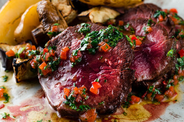 Grilled beef tenderloin steak with grilled vegetables. Filet Mignon recipe concept