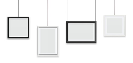 Hanging frames. Blank photo frame, image or picture framing. Empty realistic white black vector templates