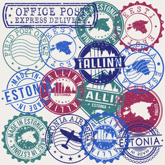 Tallinn Estonia Set of Stamps. Travel Stamp. Made In Product. Design Seals Old Style Insignia.