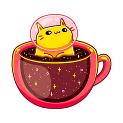 Kawaii cute cat astronaut, funny orange kitten in a pink cup of space coffee. Cartoon chibi art style. Design for stickers, shirts, greeting cards, posters. Isolated on white background.