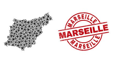 Marseille textured badge, and Gipuzkoa Province map mosaic of aircraft elements. Mosaic Gipuzkoa Province map designed with airplanes. Red imprint with Marseille tag, and scratched rubber texture.
