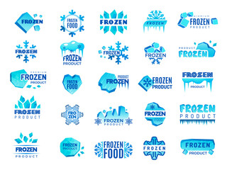 Frozen product logo. Snow and winter snowflakes from ice stylized symbols for logo design cold food temperatures recent vector templates collection set