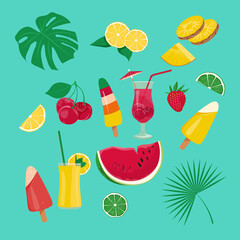 Set of summer icons: food, drinks, palm leaves, fruits. Isolated objects on blue background. Summertime poster .Vector illustration.