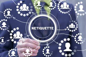Web concept of netiquette. Internet etiquette. Web respect conduct communcation.