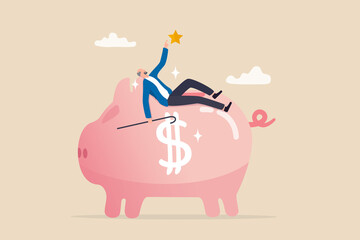 Pension plan for senior retiree, retirement savings fund, IRA, Roth or 401K, wealth management for elderly concept, happy elderly old man relax lay down on wealthy piggy bank pension fund. - obrazy, fototapety, plakaty