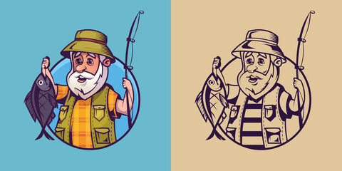 Fisherman with catch in different styles. Concept art of fishing.