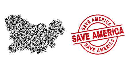 Save America distress badge, and Ourense Province map mosaic of airplane elements. Mosaic Ourense Province map constructed from aircraft. Red badge with Save America tag, and distress rubber texture.