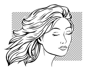 Black and white portrait of a beautiful girl. The eyes are closed. Freehand drawing for beauty salons and labels. Vector isolated illustration pop art