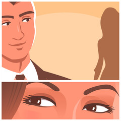 Beautiful female eyes look at a young man. He looked back at the woman. Cartoon romantic illustration in comic style. Background with place for text