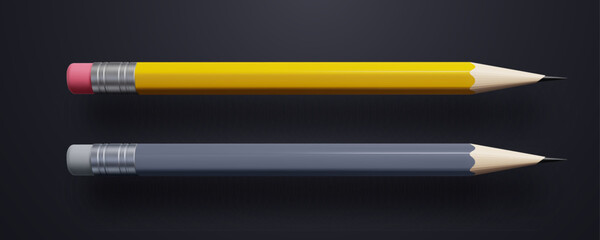Yellow and gray pencils isolated on black background