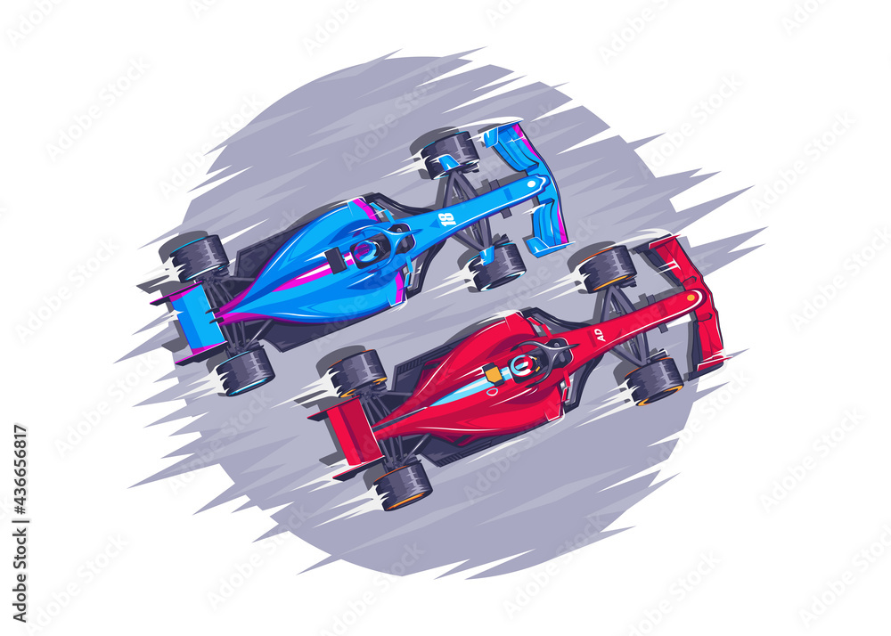 Wall mural Racing car of F1 vector illustration. Speed racing. Modern fast sports cars. Sports cars are competing. Bolides overtaking each other in the race. Royal sport. Blue and red car racing.