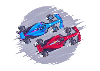 Foto auf Acrylglas Racing car of F1 vector illustration. Speed racing. Modern fast sports cars. Sports cars are competing. Bolides overtaking each other in the race. Royal sport. Blue and red car racing. © yul1_illustrator
