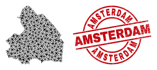 Amsterdam grunge seal stamp, and Drenthe Province map collage of aviation items. Collage Drenthe Province map created with aviation items. Red stamp with Amsterdam tag, and grunge rubber texture.