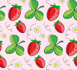 Strawberry seamless pattern. Berries, leaves, strawberry flowers. On a pink background. Vector