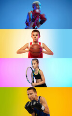 Collage of for kids, sportsmen posing isolated over multicolored background. Vertical flyer.