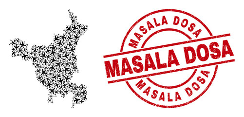 Masala Dosa rubber stamp, and Haryana State map mosaic of airliner elements. Mosaic Haryana State map created with airliners. Red imprint with Masala Dosa caption, and grunge rubber texture.