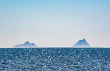 The Skellig Islands shrouded in fog.