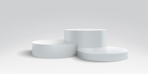Podium platform or stage, 3d white stand, realistic product display background. Vector round dais pedestal or podium platform pillars for product display or presentation