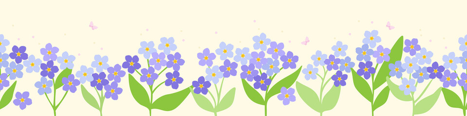 seamless border of blossoming lilac forget-me-nots, with fluttering pink butterflies. vector illustration.