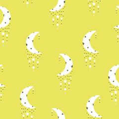 Vector Boho Crescent Moon with Star Chains on Lemon Lime Green seamless pattern background. Perfect for fabric, scrapbooking and wallpaper projects.