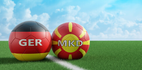 German vs. North Macedonia Soccer Match - Leather balls in German and North Macedonia national colors on a soccer field. Copy space on the right side - 3D Rendering 