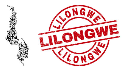 Lilongwe scratched seal, and Malawi map collage of airliner items. Mosaic Malawi map created with airliners. Red seal with Lilongwe caption, and scratched rubber texture.