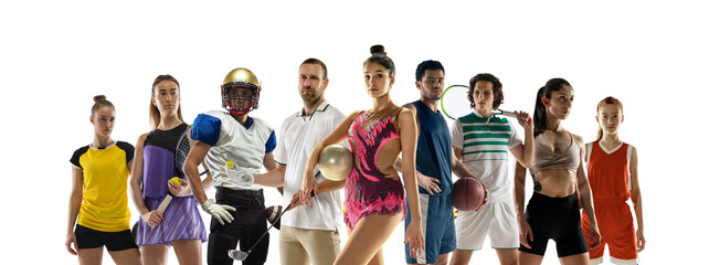 Sport collage. Rhythmic gymnastics, tennis, golf and american football, basketball and volleyball...