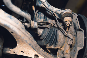 Front levers and stabilization racks of the car, ABS sensor, brake system, Disc and pads. Silent blocks. Car service and repair, old parts for replacement. Damage suspension and gear drive