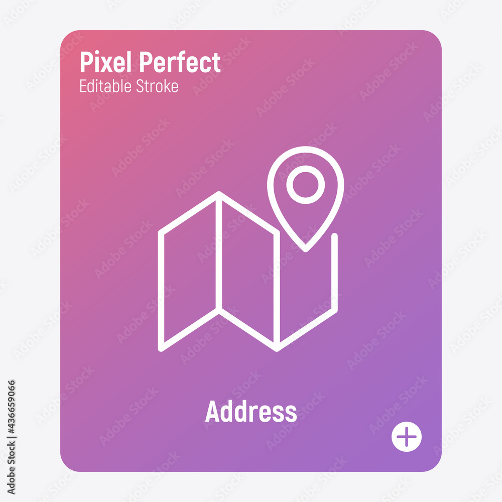 Poster address: pointer on map thin line icon. direction, navigation. pixel perfect, editable stroke. vecto