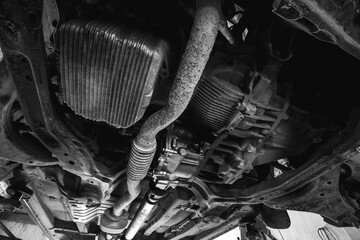 old exhaust pipe, flexible corrugation requires replacement, repair and maintenance. Car service,...