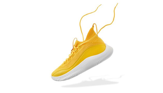 Flying yellow leather womens sneakers isolated on white background. Fashionable stylish sports casual shoes. Creative minimalistic layout with footwear. Mock up for design advertising for shoe store