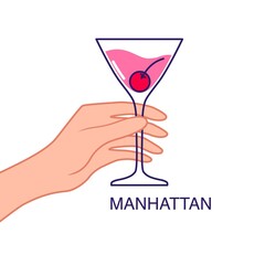 Hand holds a glass of manhattan with cherry. Vector illustration isolated on white background