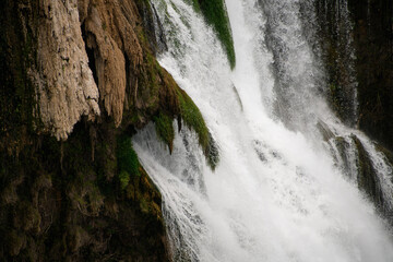 Great close-up view of splashing water of Duden waterfall in Antalya, Turkey.