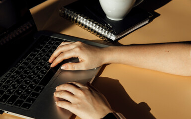 woman using laptop and cup of coffee at workplace