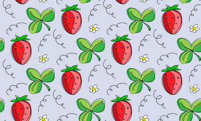 Strawberry seamless pattern. Berries, leaves, strawberry flowers. On a lilac background. Vector