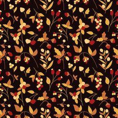 Floral seamless pattern with different berries and leaves on dark background