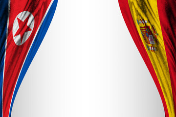 Flag of North Korea and Spain with theater effect. 3D illustration