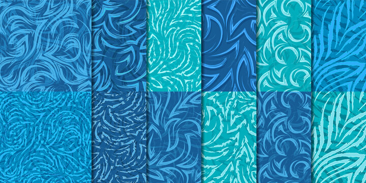 Set of 12 seamless vector patterns corners and waves in nautical colors.Seamless geometric textures of blue and turquoise colors waves and fluid movement.Collection of abstract patterns of flow and