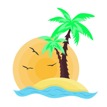 Tropical island icon. Stylized tropical seascape. Palma, beach, sun, sea, palm and gulls.
