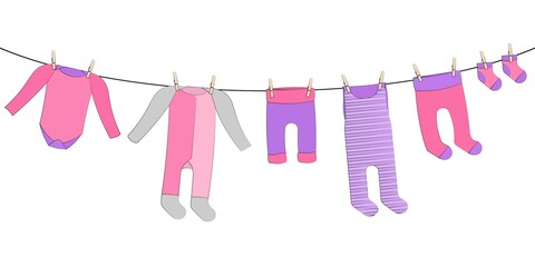 hanging laundry for baby girl in pink pastel colors, vector decorative garland isolated on white background, for decorating invitations, baby shower cards